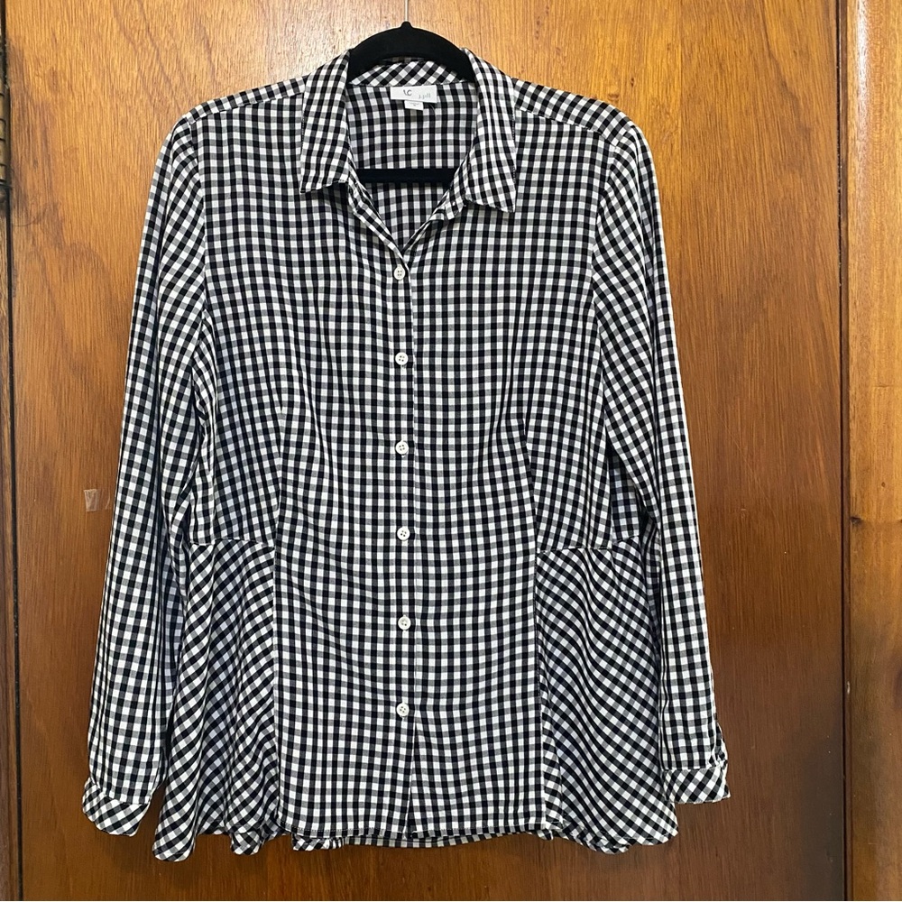 J. Jill Gingham Peplum Button Down Shirt Black White Size M